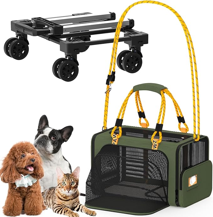 PAWZIDEA Expandable Pet Carrier with Wheels, TSA Airline Approved, Up 18lbs | 18x11x11 Underseat, Rolling Soft-Sided Carrier for Large Cats & Small Dog Travel Bag, Self-Locking Zippers, Telescopic Handle