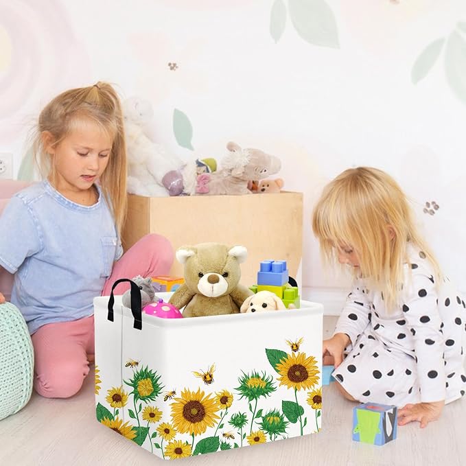FXOLCSHE Rectangular Sunflower basket,Waterproof Canvas kids Laundry Nursery Hamper,Storage Baskets for Bedroom,Yellow Hamper,Gift Basketsr(Sunflower)