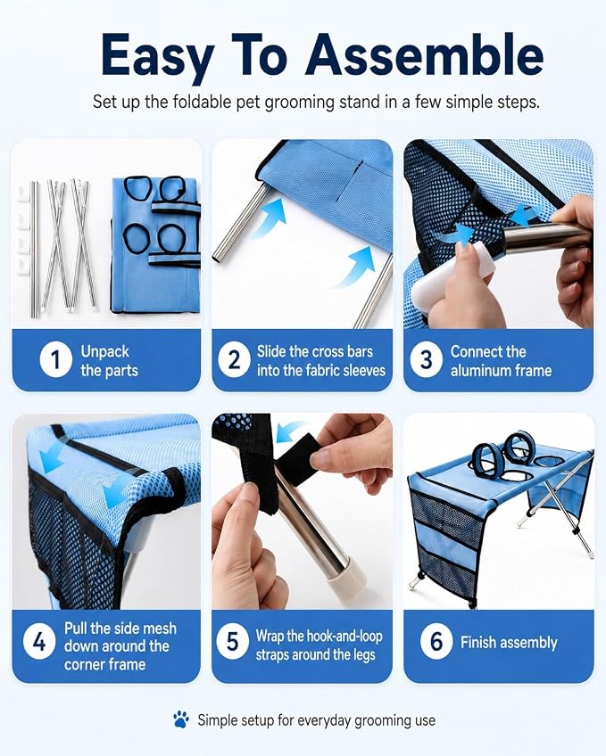Dog Grooming Hammock Stand, Foldable Dog Bath Holder Sling Shower Chair | Heavy-Duty Pet Bath Stool for Small & Medium Dogs, Home Salon Grooming, Washable Mesh, Joint Support & Restraint(Blue,Pro)