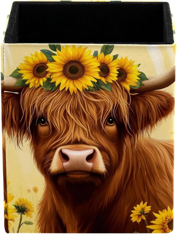 Sunflowers and Highland Cow Pen Holder for Desk Decor, Rectangular PVC Leather Pencil Cup for Desk Pen Organizer, Makeup Brush Holder for School, Home, Office
