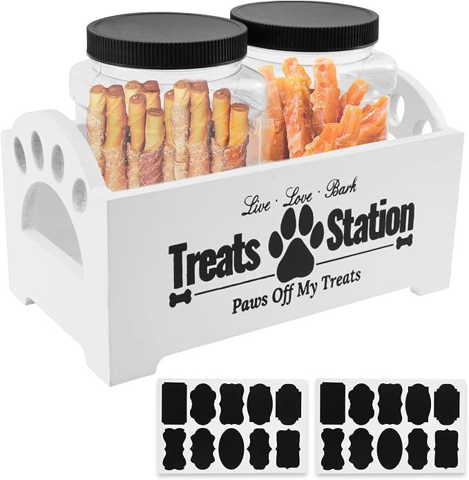 UKQRRTC Wood Dog Treat Container with Jars and Stickers Anti Deformation Space Saving Dog Treat Organizer Dog Treat Station for Countertop (White)