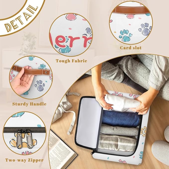 Custom Cute Footprint Storage-Bin With Zipper Lid for Kids-Girls-Boys-Baby-Pet,Personalized Name Foldable Storage Box with Handle,Baby Basket With Label for Bedroom Nursery Toy Clothes,White