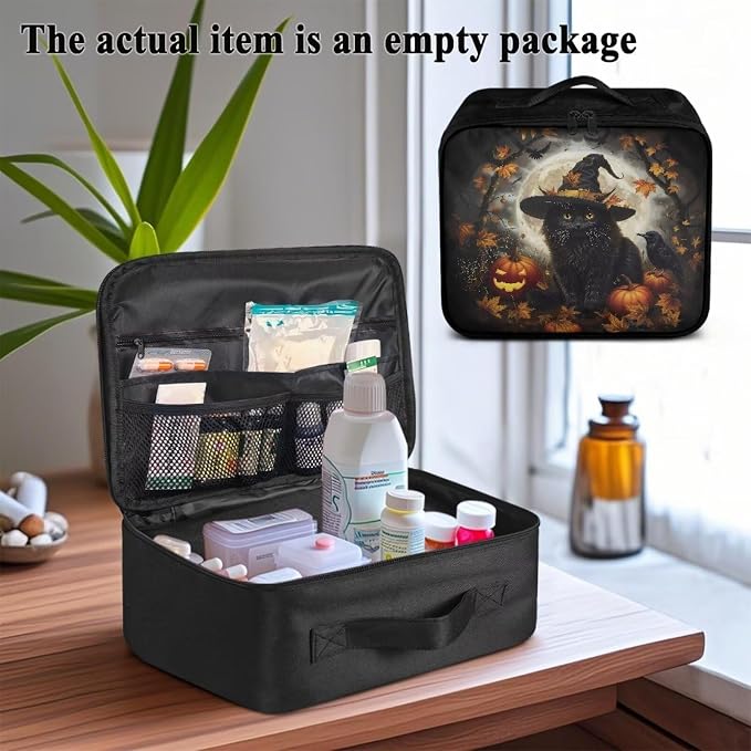 Halloween Witch Cat First Aid Case Empty Veterinary Medic Bag for Animal Clinics and Pet Owners Includes Secure Zipper Compartments