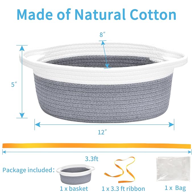 ABenkle Small Basket Empty Gift Basket, Decorative Boho Rope Woven Nursery Storage Organizer Dog Toy Baskets for Baby Showers Christmas Easter with Gift Bags and Ribbons, 12"X 8" X 5"