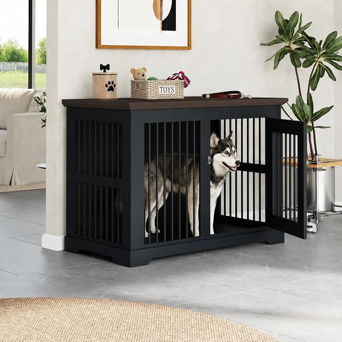 44" Wooden Dog Crate Furniture,Large Kennel Pet Cage End Table for Indoor | for XXL XL Medium Dogs, Grey and Wood, Fits Living Room Bedroom, Heavy Duty Steel Frame with Lock 100 lbs Cap, 100 lbs Top.