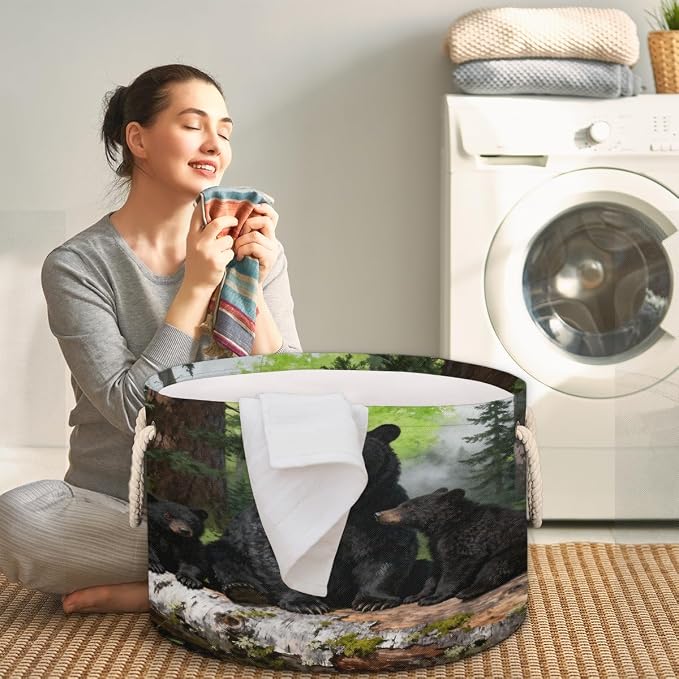 Large Storage Baskets - Black Bear Family Nursery Organizer Bin Box with Handles Collapsible Round Laundry Hamper for Kids Toys Pet Blanket, Bedroom Living Room Home Decor Gift Basket