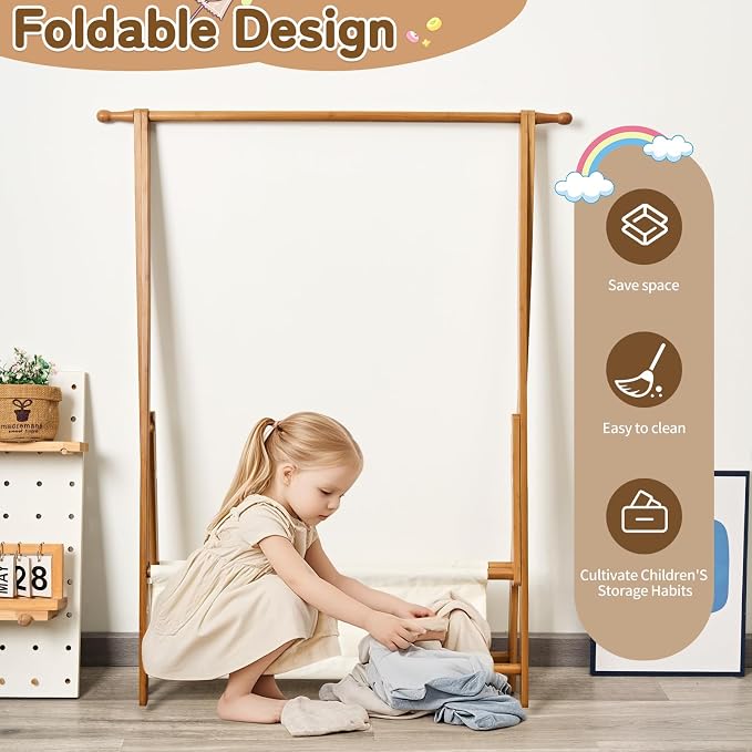 Bamboo Kids Clothing Rack with Storage Box - Foldable,Kids Dress Up Rack with Hooks & Rod, Organize Dress Up Storage & School Uniforms, Perfect for 4-13 Year Olds (Brown)