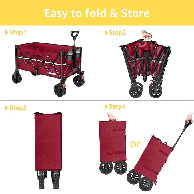 ROSONG Collapsible Wagon Cart with Wheels Foldable - Folding Utility Heavy Duty Wagons Carts for Grocery Sports Garden Shopping Camping Wheelbarrows (Burgundy, 150L)