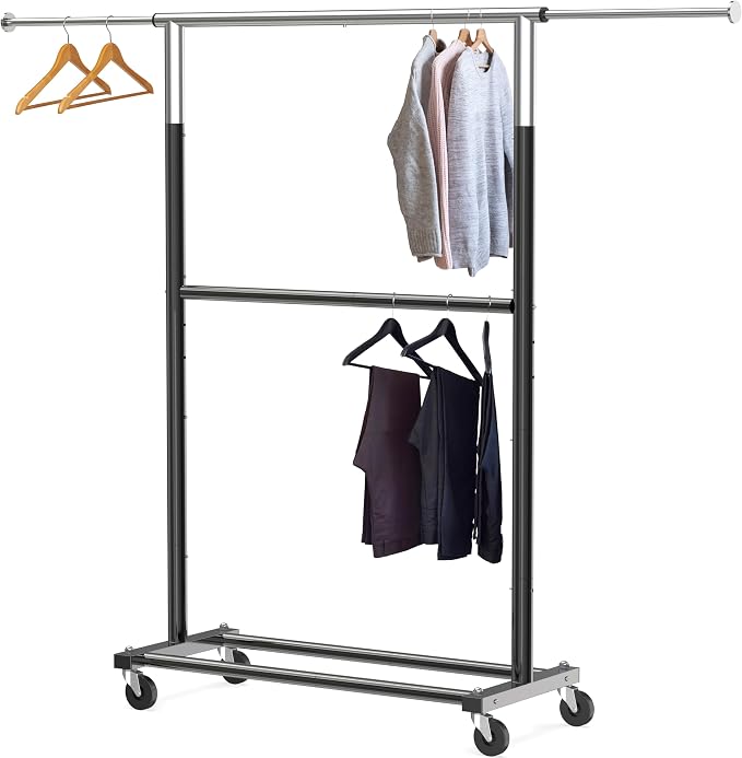 Simple Houseware Double Rod Adjustable Clothing Garment Rack, Black | Extendable Width from 30 to 48 Inches