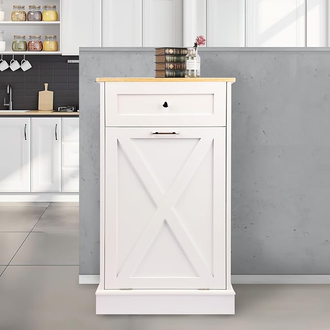 TOLEAD 10 Gallon Tilt Out Trash Can Cabinet Wooden Hidden Trash Cabinet with Solid Wood Top & Drawer, Farmhouse Kitchen Garbage Bin Enclosure Pet Proof Laundry Hamper for Kitchen, Bathroom White