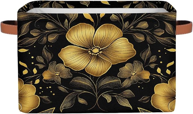 Rectangular Storage Basket Foldable Fabric Storage Bin Toy Baskets Organizer for Shelves Closet Bedroom Home Office, (Black Gold Flower)