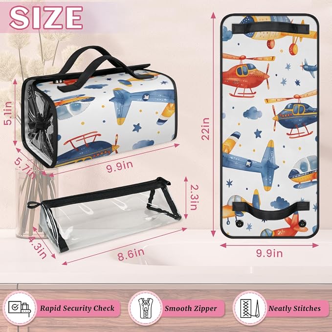 Airplane Makeup Bag for Women Hanging Roll-Up Travel Organizer Toiletry Kit with 4 Removable Compartments, Cartoon