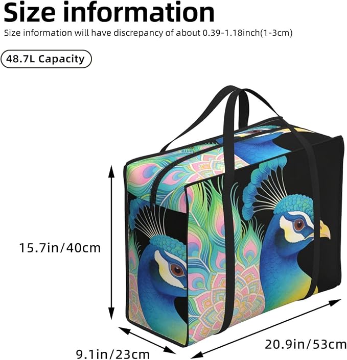 Oxford Fabric Reusable Laundry Bag Peacock With Pink Floral Whimsical Print, Heavy Duty Foldable Storage Tote with Carry Handles for Clothes and Linens