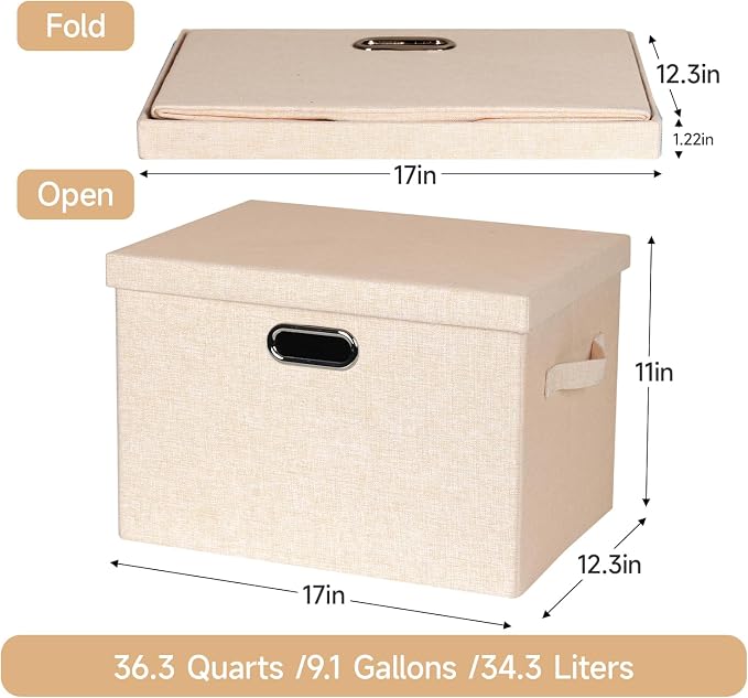 Storage Bins with Lids Fabric Closet Organizers Cubes Office Organization | 36 Quart 3 Pack Light Orange Collapsible Stackable Linen Fabric 4 Handles Bedroom Closet Cabinet Under Bed Clothes Toy Office