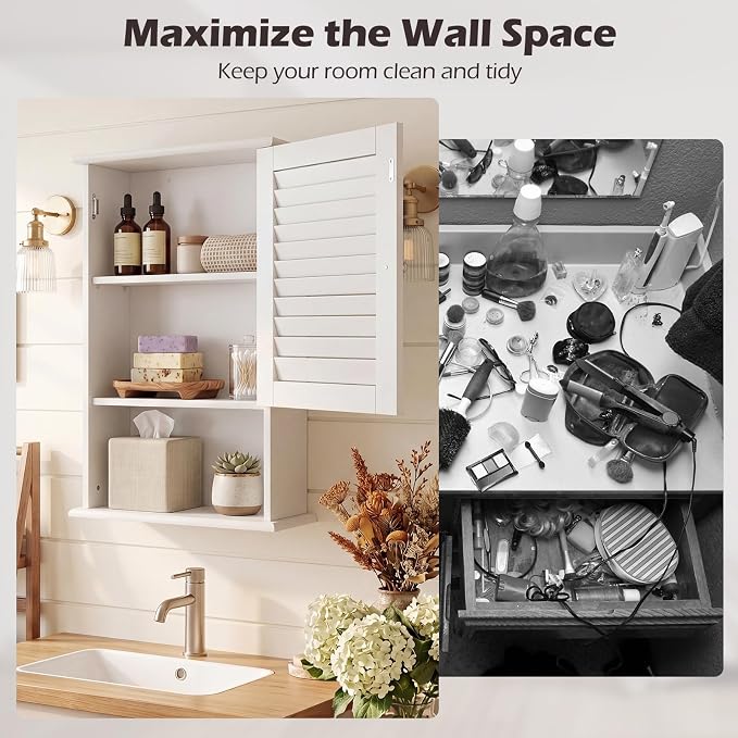 Tangkula Medicine Cabinet, Wall Mounted Bathroom Cabinet Single Door Wooden Bathroom Wall Cabinet with Adjustable Shelf