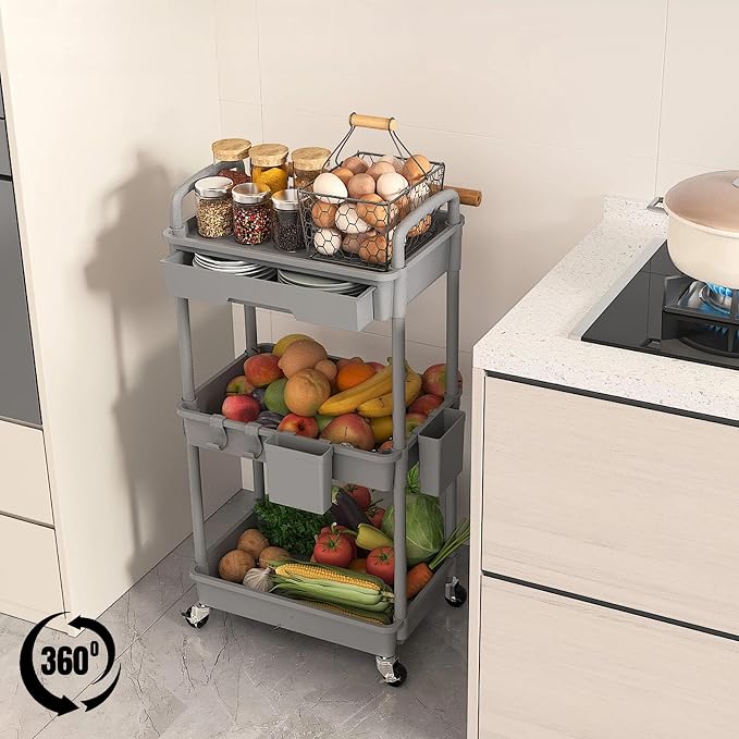 3 Tier Rolling Utility Cart with Drawer, Plastic Storage Organizer Rolling Carts with Wheels Handles Hanging Cups Hooks for Office, Bathroom, Kitchen,Craft Art Room (Grey)