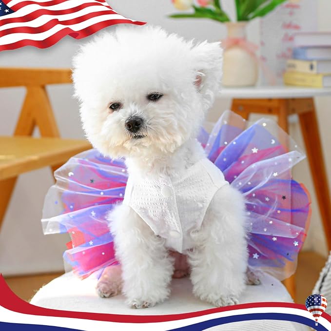 FLAdorepet4th of July Dog Dress with Hair Bow,Independence Day Dog Dresses Tulle Skirts for Small Dogs,Puppy Patriotic Clothes Pet Outfits Cats Apparel (4th of July, X-Large)