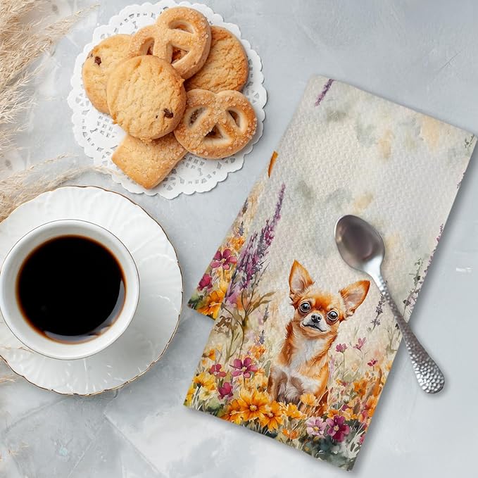Chicimln Wildflower Chihuahua Dog Kitchen Towels, Chihuahua Gifts for Women Men Decorative Hand Towels for Bathroom, Dog Lover Gifts Dish Tea Towel Drying Cloth for Kitchen Decor, 16x24 Inch