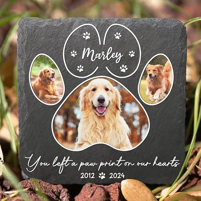Wrappiness Pet Memorial Stone - You Left A Paw Print On My Heart, Personalized Dog Memorial Gifts, Remembrance Condolences Bereavement Gifts for Loss of Pet Custom Photo (Square 03, Stone)