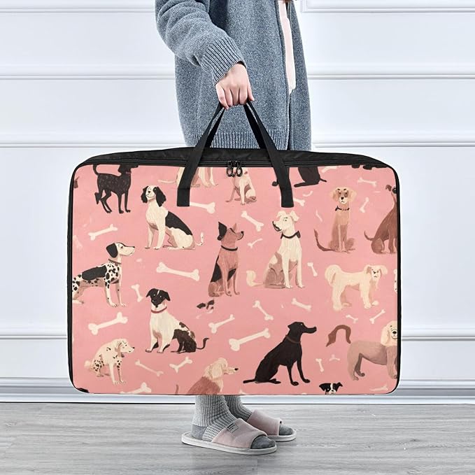 Comforter Storage Bags Large Folding Blanket Organizer Bag with Strong Handles Clear Window Closet Storage Containers for Clothes King Queen Pillows Bedding Quilt Duvet Pink Dog and Bone01