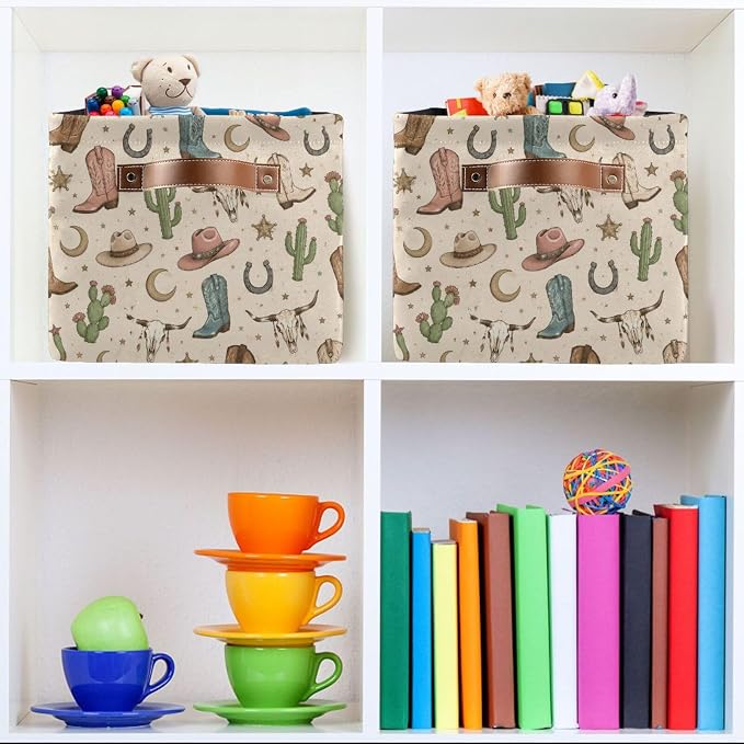 Kigai Storage Basket, Fabric Collapsible Closet Organizer Bin | Western Print Waterproof Foldable Canvas Basket with Handles for Shelves, Nursery, Closet, Bedroom & Bathroom