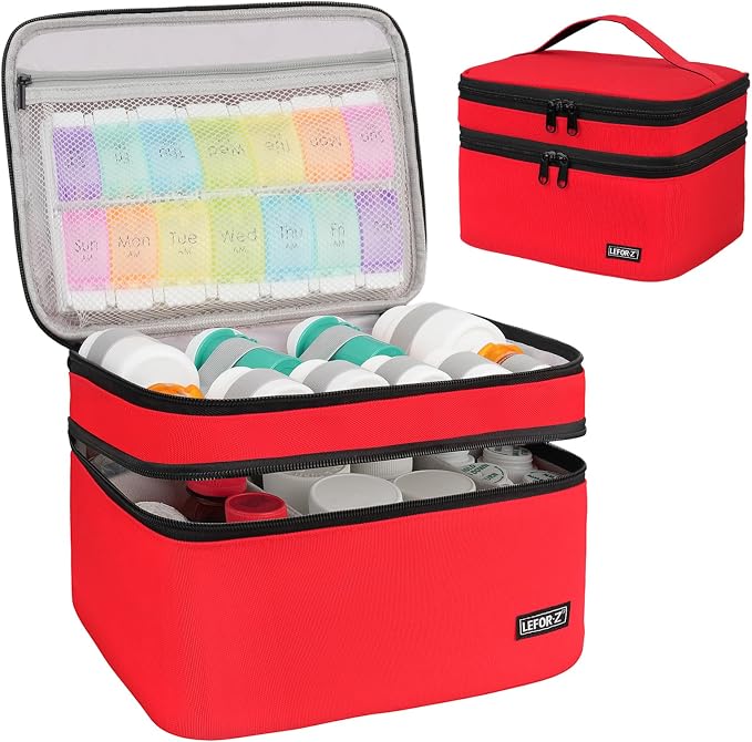 LEFOR·Z Medicine Storage Bag,Double Layers Pill Bottle Organizer Bag Empty | Medical Supplies Bag with Lockable Zipper & Adjustable Divider,Medication Travel Carrying Bag for Pills,Vitamins,Red