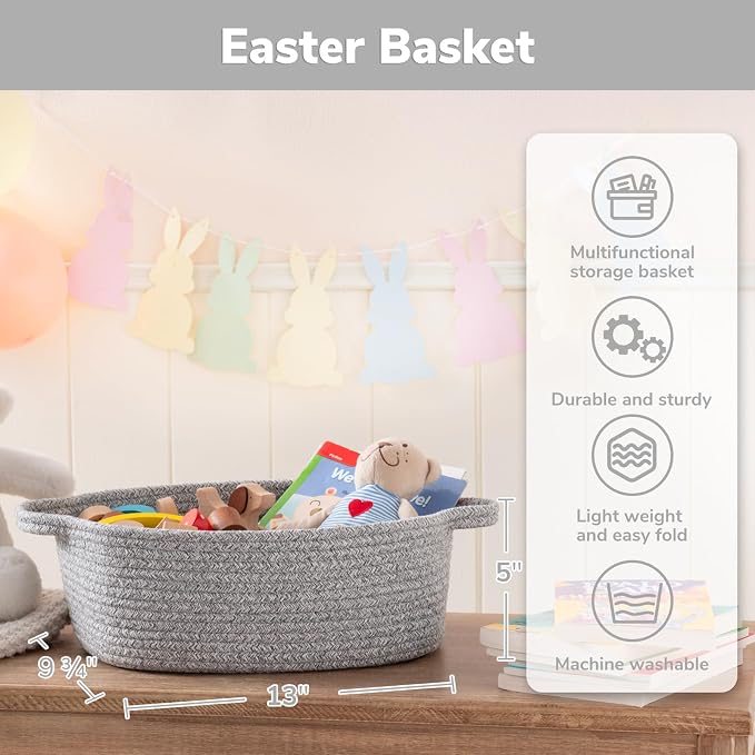 CHICVITA Small Woven Rope Gift Basket, Decorative Boo Basket, Grey | 13" x 10" x 5" Storage Baskets for Baby Shower & Nursery Essentials, Fits Shelf & Closet Organization, Built-In Handles