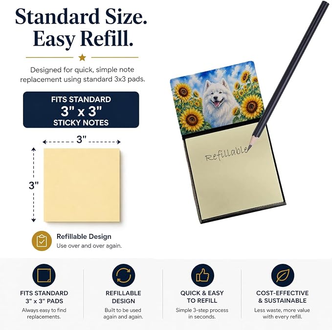 Caroline's Treasures Samoyed in Sunflowers Watercolor Sticky Note Holder Refillable Dispenser Desk Accessory 3x3 Pad Gift