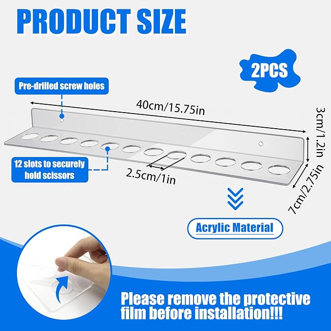 2Pcs 12 Slots Wall Mounted Scissor Holder, Acrylic Shear Holder for Stylist | Clear Hair Tools Organizer with Hanging Screws for Barber Dog Grooming Hairdresser