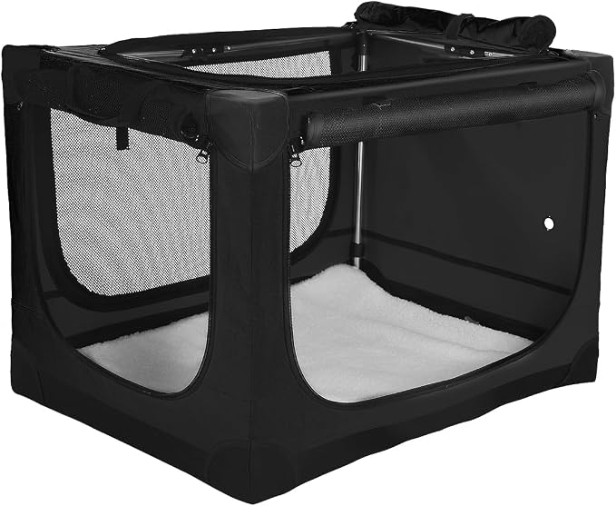 33 x 25 x 25 Inch Collapsible Soft Dog Crate for Dogs Up to 70 lbs, Portable Travel Pet Kennel with 4 Zip Doors, Foldable Indoor Outdoor Crate with Mat, Carry Bag, Black