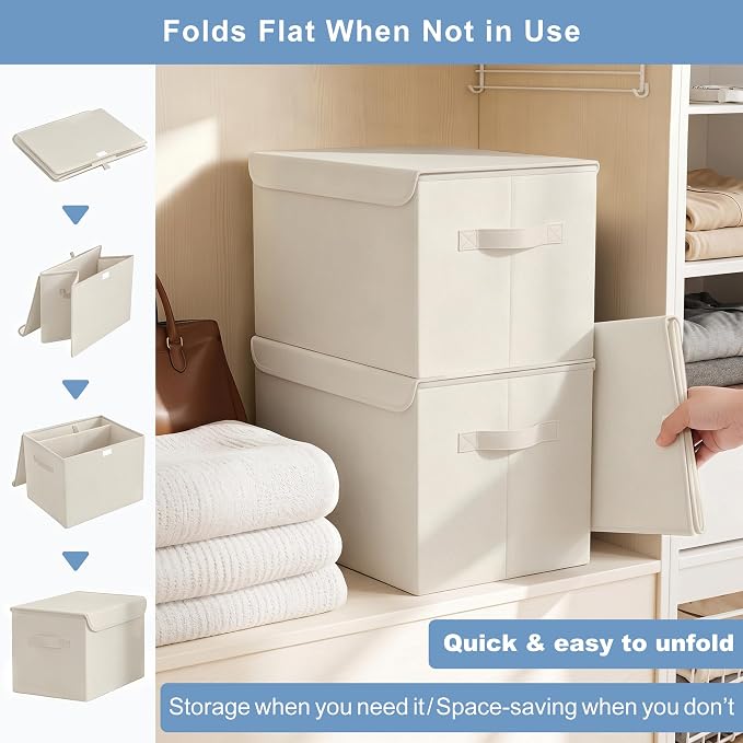 Large 42 Quarts Collapsible Stackable Storage Bins Cube with Lids [3-Pack] Foldable Fabric Linen Storage Boxes, Closet Organizer Baskets with Label for Home (16.7 x 12 x 12, Beige)