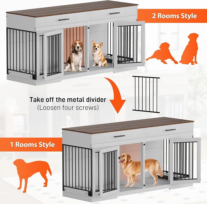 Rophefx 72" Double Dog Crate Furniture with Drawers and Divider, White | Wooden dog kennel for 2 medium dogs with 2 drawers, removable divider, 4 bowls and TV stand top