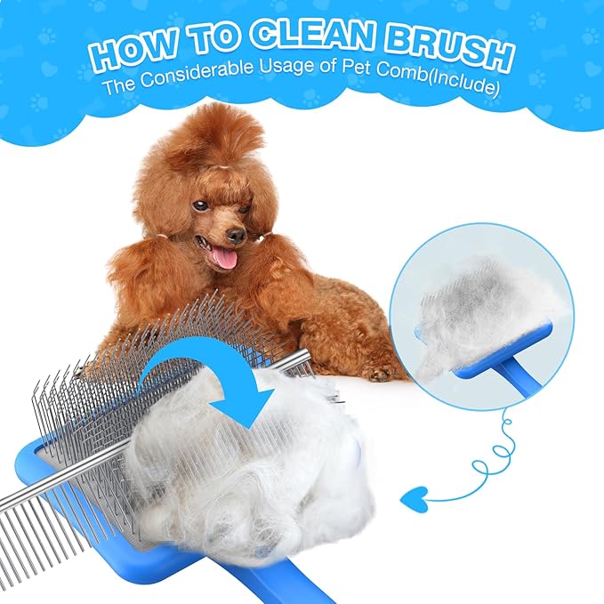 Large Dog Slicker Brush for Goldendoodles, Poodles - 3 in 1 Grooming Kit with Undercoat Rake, Comb - Extra Long Pins for Dematting Great Pyrenees, Thick Coats, Shedding, Detangling, Blue