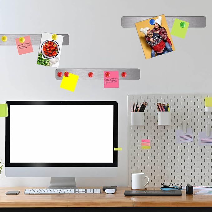 Outus 6 Pcs Magnetic Wall Strips 15" x 2", 48 Magnets, Silver | Metal display strips for notes, photos and memos; ideal for office, home, classroom and workspace.