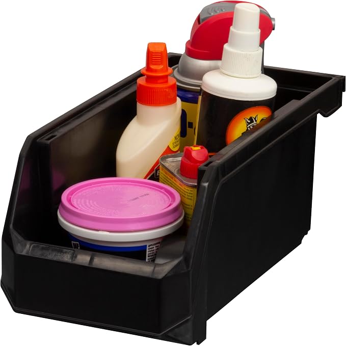 Medium Stackable Plastic Storage Bins, 8-Pack, Black | Open-Front Stackable Bins For Garage, Pantry, Closet & Office, 11"L X 5,5"W X 5"H, Nests When Empty, Durable Plastic,