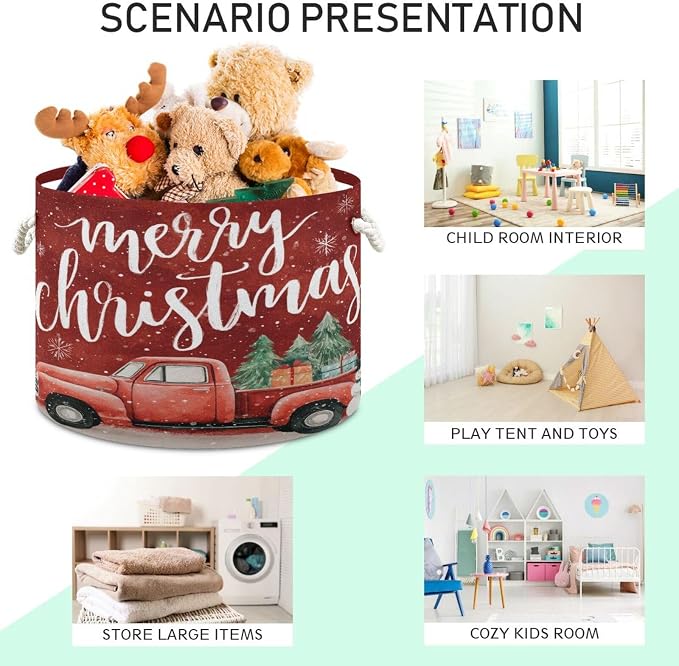 Large Storage Basket for Toys Christmas Red Snowman Truck Print Storage Bin Box Organizer Basket for Laundry Hamper Kid's Room Baby & Dog Toy