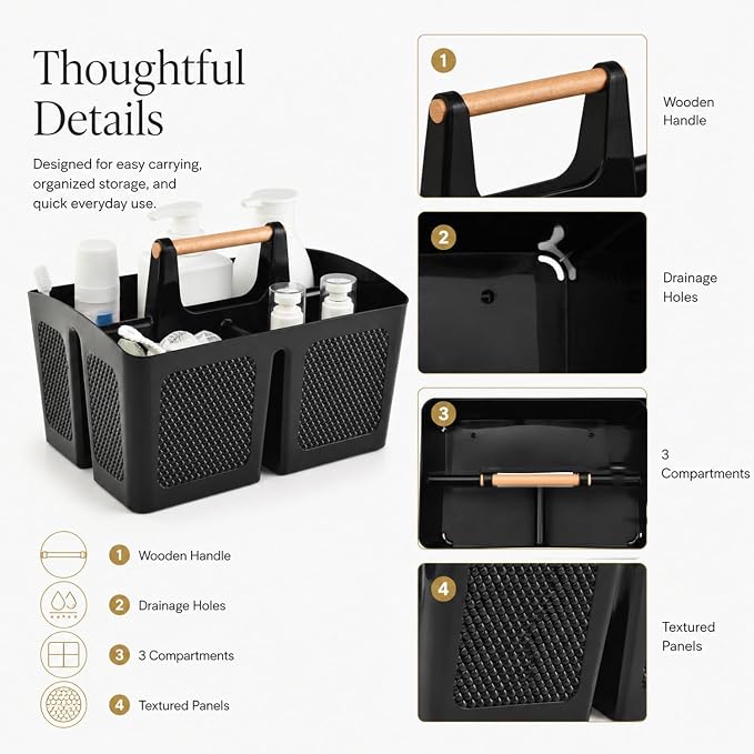 Haundry Plastic Shower Caddy with Wooden Handle, Portable 3-Compartment Bathroom Organizer Basket with Drainage Holes, Quick Dry Shower Basket for Dorm, College, Cleaning Supplies
