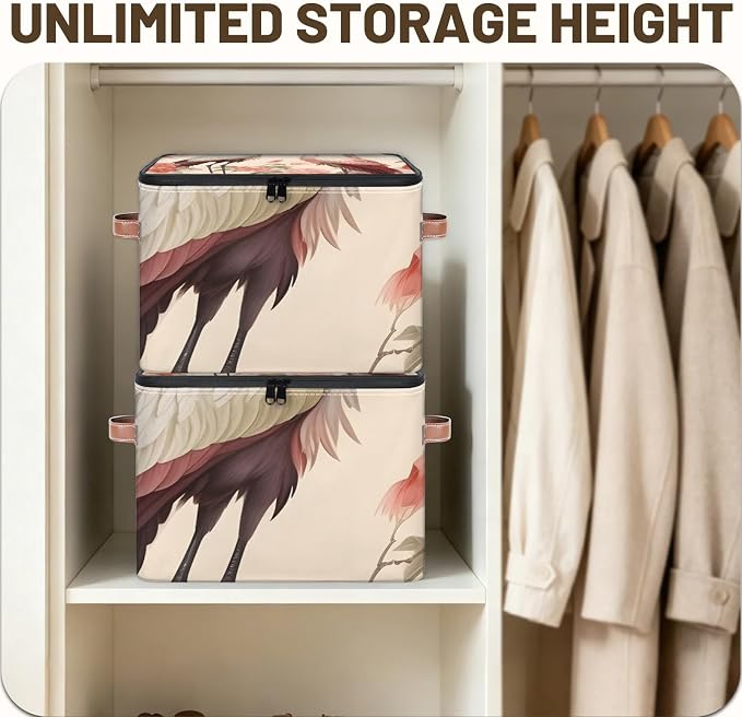 Japanese Crane Floral Foldable Storage Bin with Lid Zipper | Closet Shelf Organizer, Boxes, Basket Containers for Home, Lidded Storage Cube for Bedroom, Waterproof, with Handles
