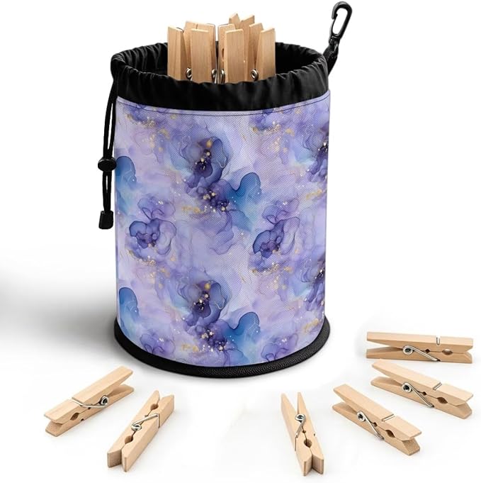 Clothespin Bag with Hooks Purple Blue Floral Hanging Clothes Pin Bag with Drawstring Closure Clothespin Holder, Moisture Resistance, Storage Organizer, Machine Washable
