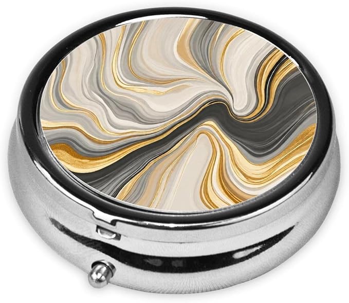 Vibrant Wave Golden Swirl Pattern Art Portable Pill Organizer | 3 Compartment, With Mirror, For Men Women, For Daily Supplements, Vitamins, Fish Oil, Jewelry, Candy, Travel