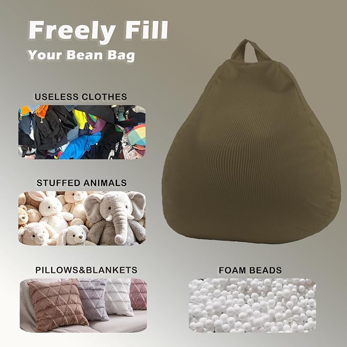 LPMOERA Stuffed Animal Storage Soft Bean Bag Chair Cover No Filler Taupe | Skin-Friendly,Portable,Wide Easy-Load Opening,Hidden Zipper,Decorative Organizer
