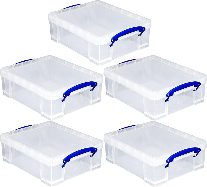 Really Useful Box Stackable 8.1L Plastic Storage Container, 5 Pack | Bin with Snap Lid & Built-In Clip Lock Handles for Home & Office Organization