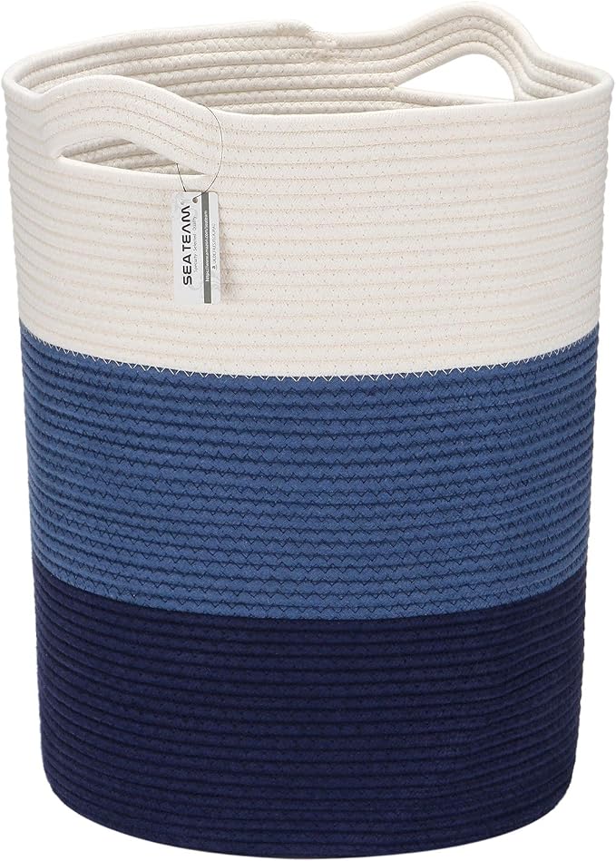 Sea Team Large Woven Cotton Rope Laundry Basket with Handles, 20 x 14 in | Collapsible Knitted Hamper, Closet Shelf Organizers, Containers for Clothing, Blankets, Toys, Bedding, Navy