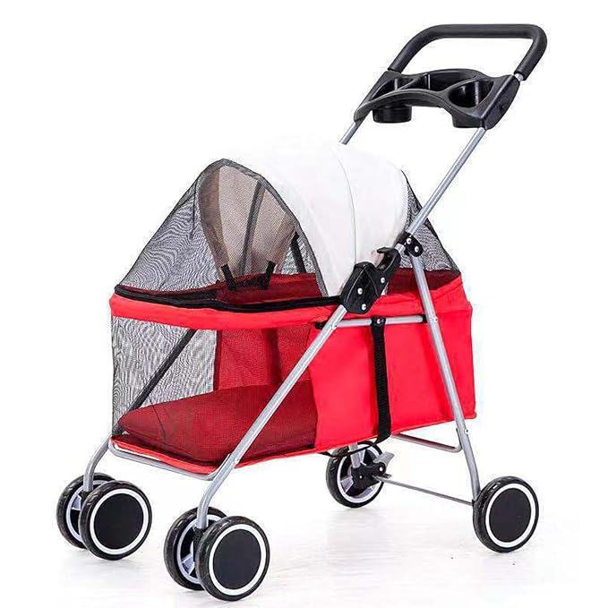 Outdoor Portable Foldable 4-Wheel Pet Cart for Small,Medium-Sized Dogs and Cats with Cup Holder,Travel Pet Small Lightweight Cart (Red)