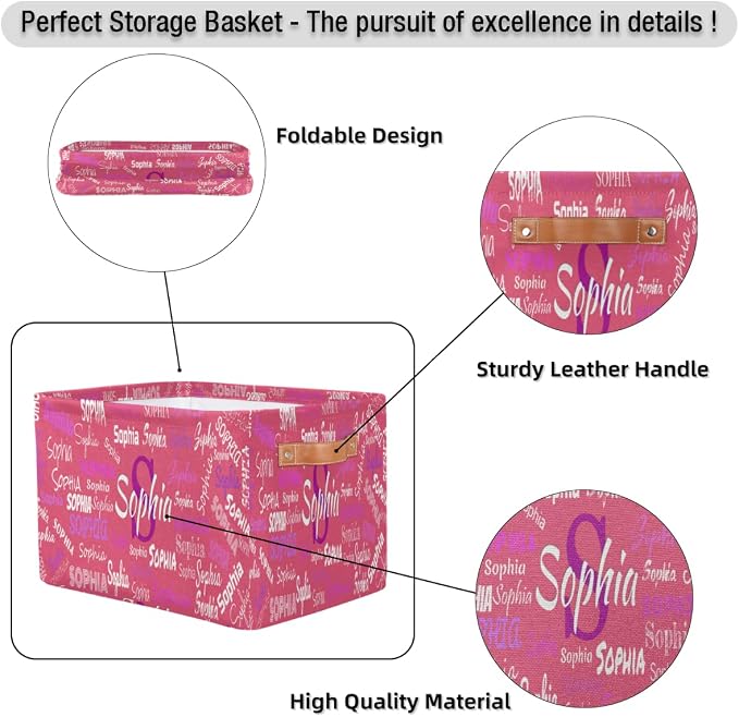 Custom Storage Baskets for Kids with Name, Large Foldable Organizer Collapsible Storage Bin with Leather Handle for Home Toys Closet Nursery, Light Violet Red Color