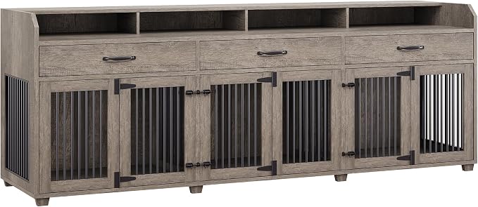 AMERLIFE 95" Dog Crate Furniture, Multi-Functional TV Stand with Storage | Dog Kennel with Drawers & Removable Divider for Medium/Small Dogs, Grey
