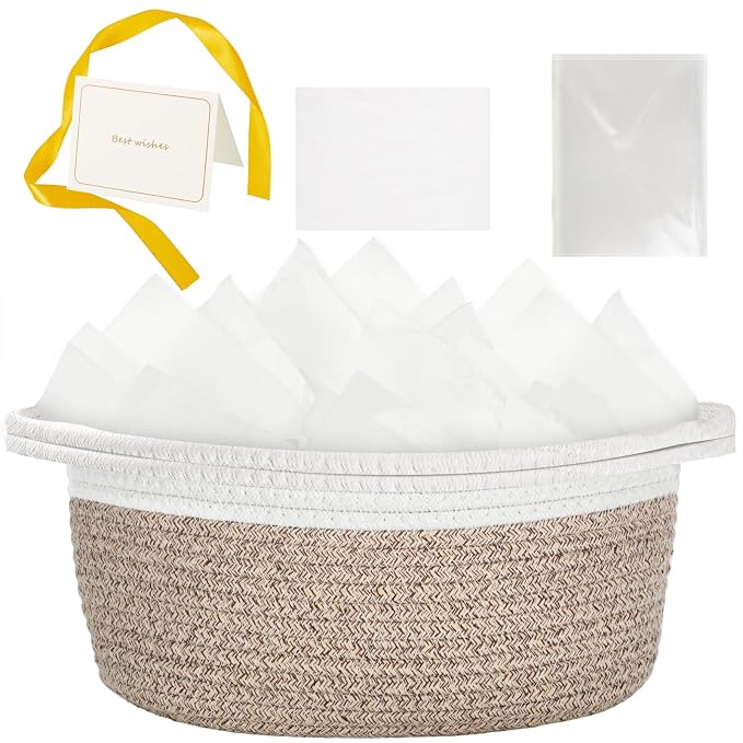 woric Small Woven Storage Basket Dog Toy Baskets for Gifts Empty | Cotton Rope Basket with Handle Graduation Decorative Baskets (Brown 12"X 8" X 5" with Gift Bag Card Ribbon Tissue Paper)