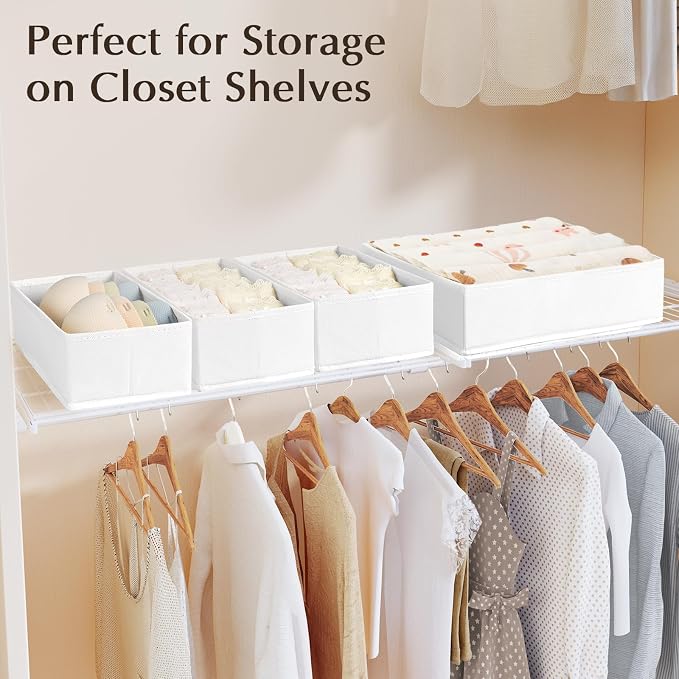 DIMJ Drawer Organizers Clothes, Set of 12 Dresser Organizer Bins, Fabric Closet Organizers and Storage, Shallow Drawer Dividers for Nursery, Clothing, Baby Clothes, Socks, Underwears, Tie (White) | for Baby Nursery Drawers To Sort Socks, Bibs, for Clos...