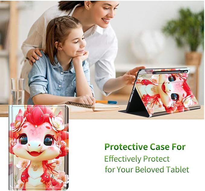 for Samsung Galaxy Tab S9 11 Inch/S9 FE 10.9 Inch 2023 Case | Slim Leather Smart Cover with Multi-Angle Anti-Slip Stand [Auto Wake/Sleep] Shell for Women Men, Pink Dragon