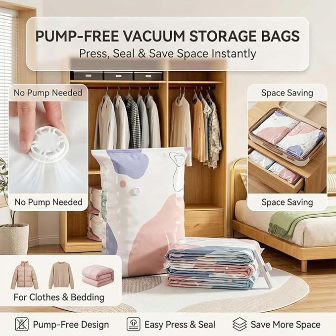 Large Capacity Vacuum Bags No Pump Needed, No Pump Large Vacuum Storage Compression Bags, Reusable No-Pump 3D Vacuum Storage Bags for Jumbo Clothes Bedding, Comforters, Off‑Season Gear (S-5PC)